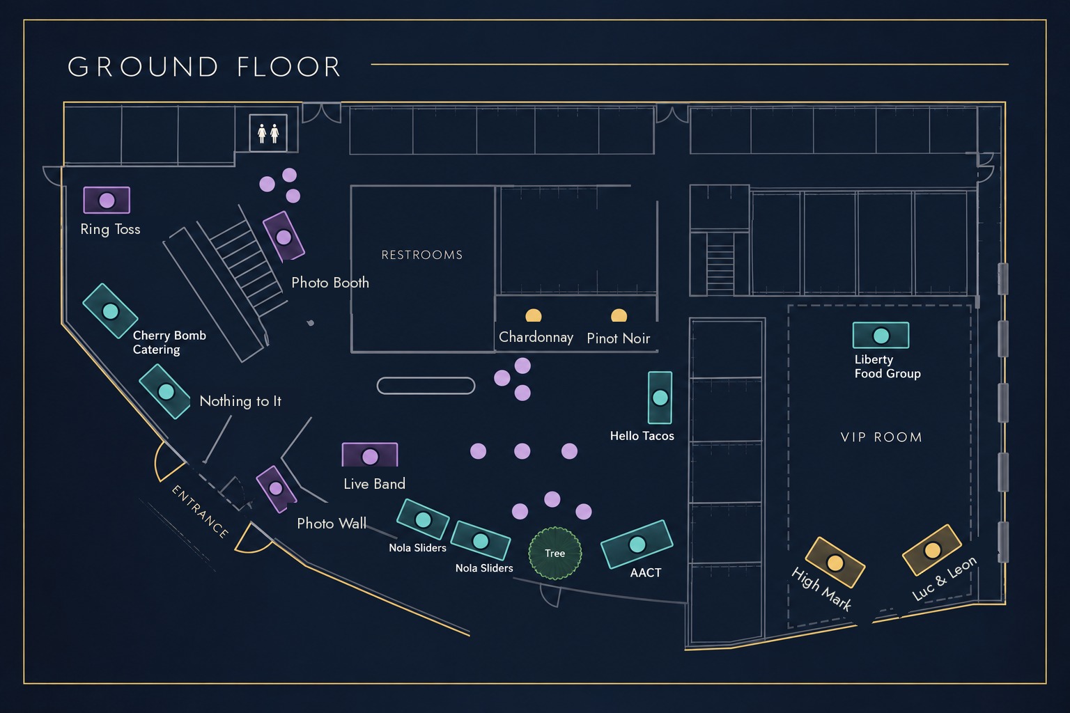 Ground floor map: Ring Toss, Photo Booth, Cherry Bomb Catering, Nothing to It, Live Band, Photo Wall, Nola Sliders, AACT, Hello Tacos, Chardonnay and Pinot Noir wine bar, and the VIP Room with Liberty Food Group, High Mark, and Luc & Leon