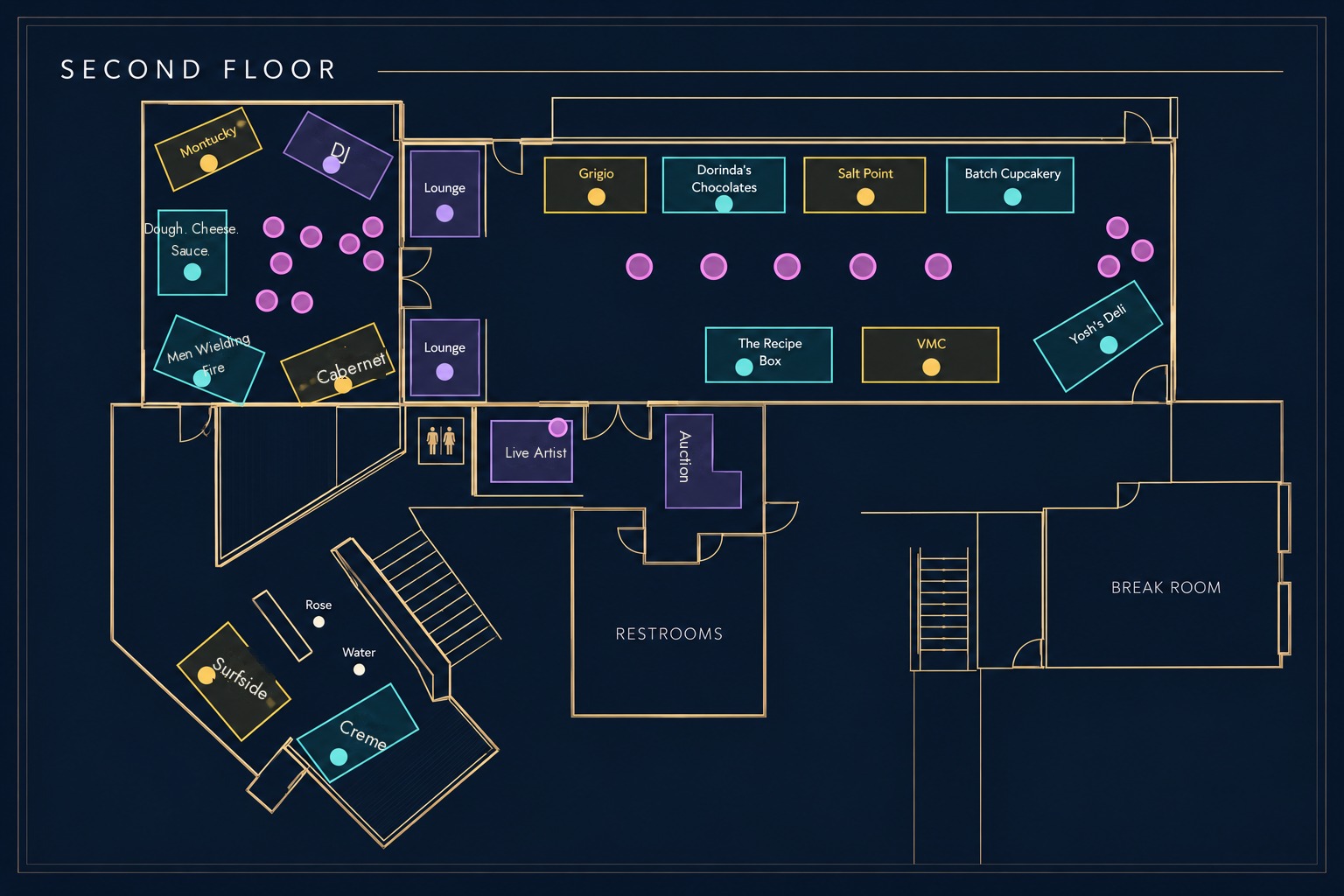 Second floor map: Montucky, DJ, Dough. Cheese. Sauce., Men Wielding Fire, Cabernet, lounges, Grigio, Dorinda's Chocolates, Salt Point, Batch Cupcakery, The Recipe Box, VMC, Yosh's Deli, Live Artist, Auction, and the balcony with Ros&eacute;, Surfside, and Creme